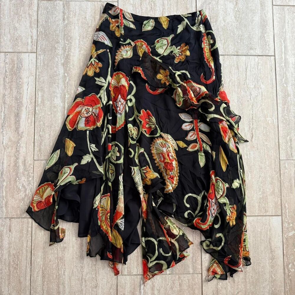 VTG Y2K Silk Ruffle Asymmetric Handkerchief Maxi Skirt Floral Paisley Boho 6